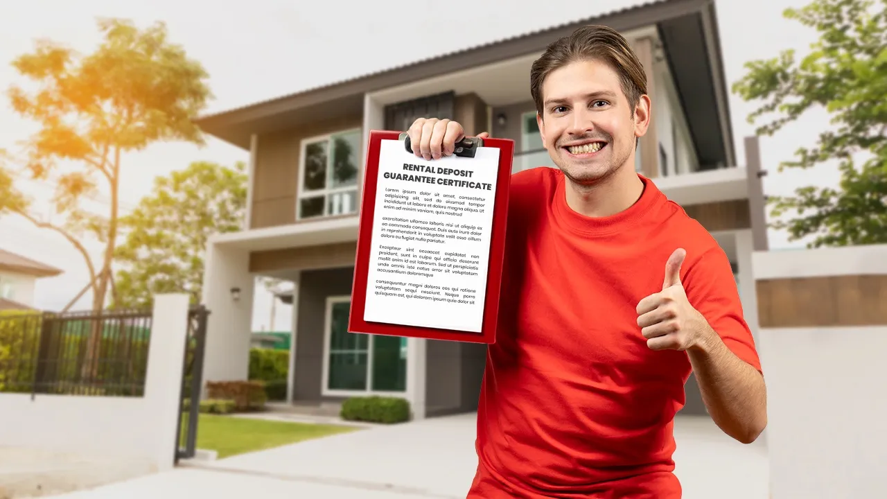 A happy tenant holding a rental deposit guarantee certificate, representing success stories of tenants who have used rental deposit guarantees.